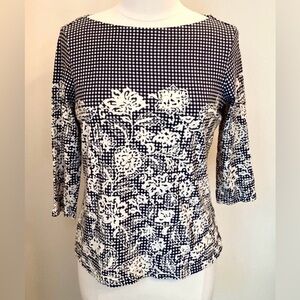 Lands’ End Cream Grey Floral Print Gingham 3/4” Sleeve Casual Top Size Medium